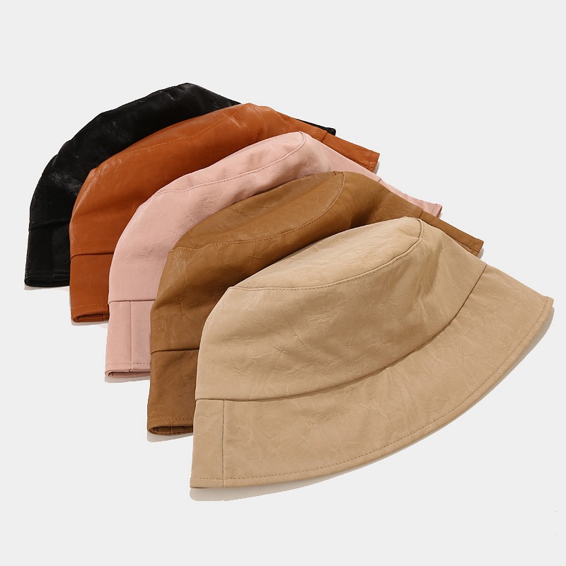 Fashion PU Bucket Hat Leather Fishing Cap Soild Foldable Hiking Hat Hip-Hop Street Waterproof Panama for Women and Men