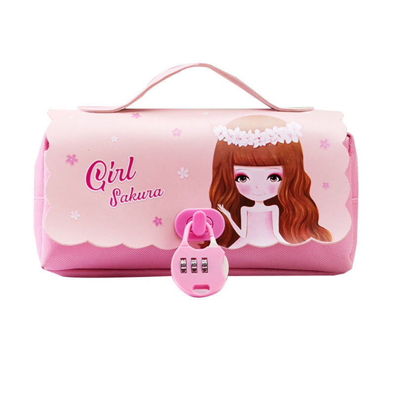 Lovely Princess pen case Canvas waterproof PU password lock writing case primary school large capacity cartoon pencil case