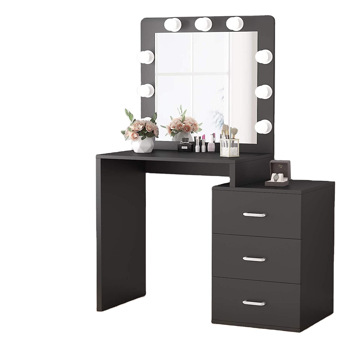 Large Vanity Table with 9 Light Bulbs, Makeup Table with 3 Storage Drawers, Dressing Table Dresser Desk for bedroom