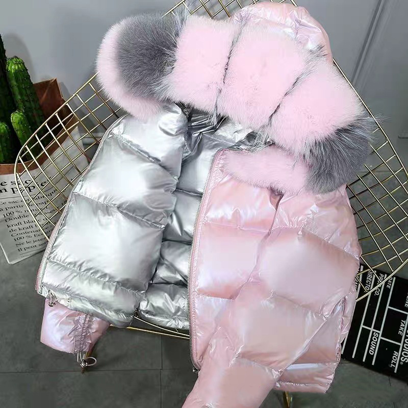 Winter Women Reversible Glossy Gold Silver Boxy Crop Parka Puff Jacket Ladies Short Fox Fur Collar Bubble Down Coats