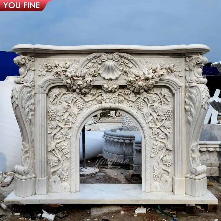 French Versailles White Marble Fireplace Mantel Shelf with Flower Carving