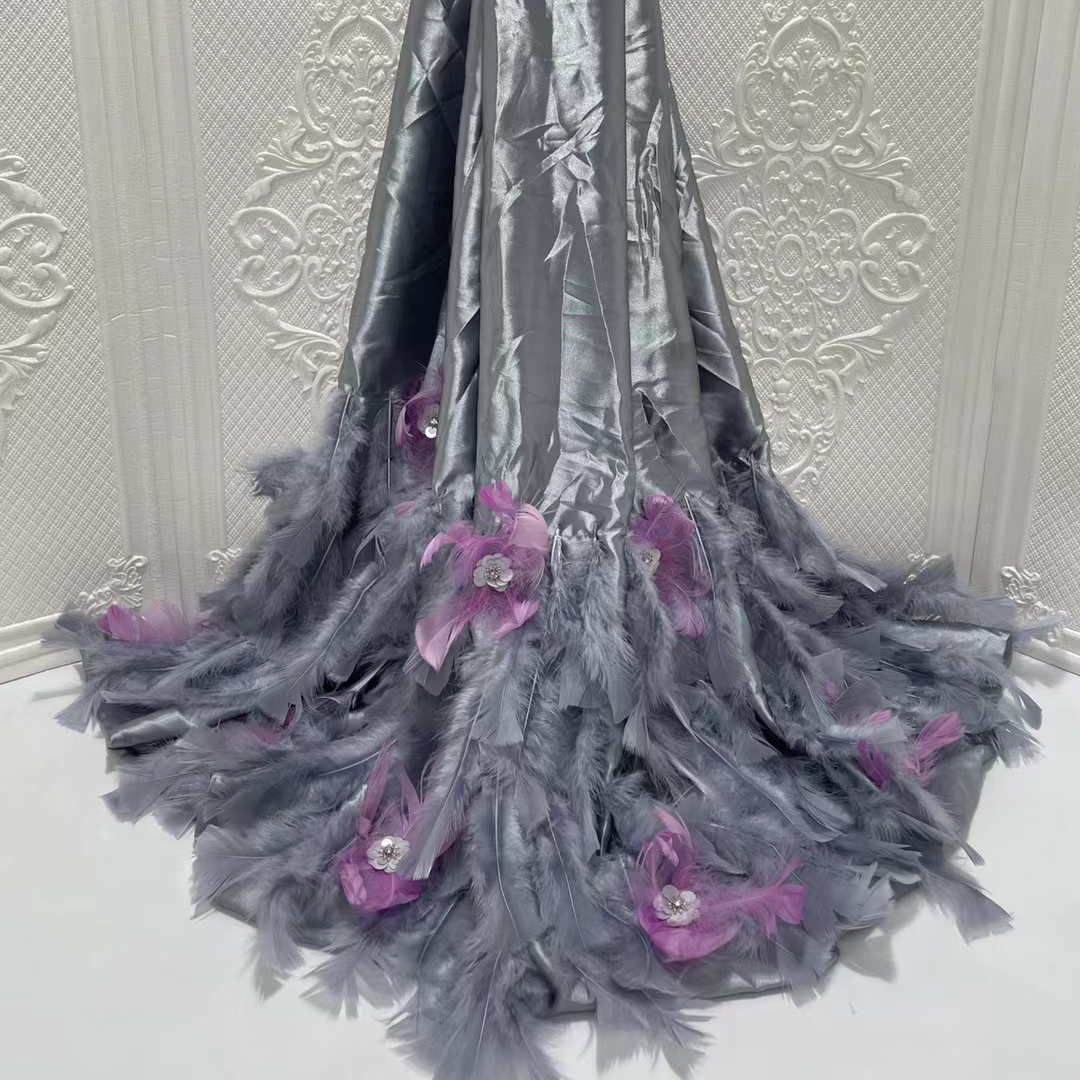 First class comfortable touch textile raw silk lace fabrics gray stones nigeria african feather lace embroidered fabric