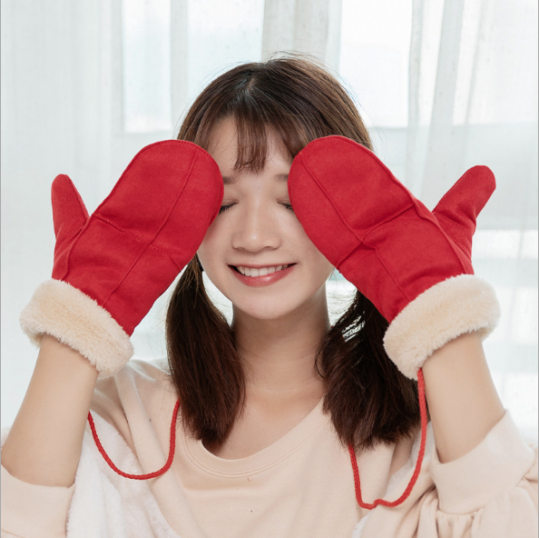 2022 hot sales ylm lovely knit Gloves Woman Winter Thickening and warmth 100% cotton Plush hanging on neck Total finger gloves