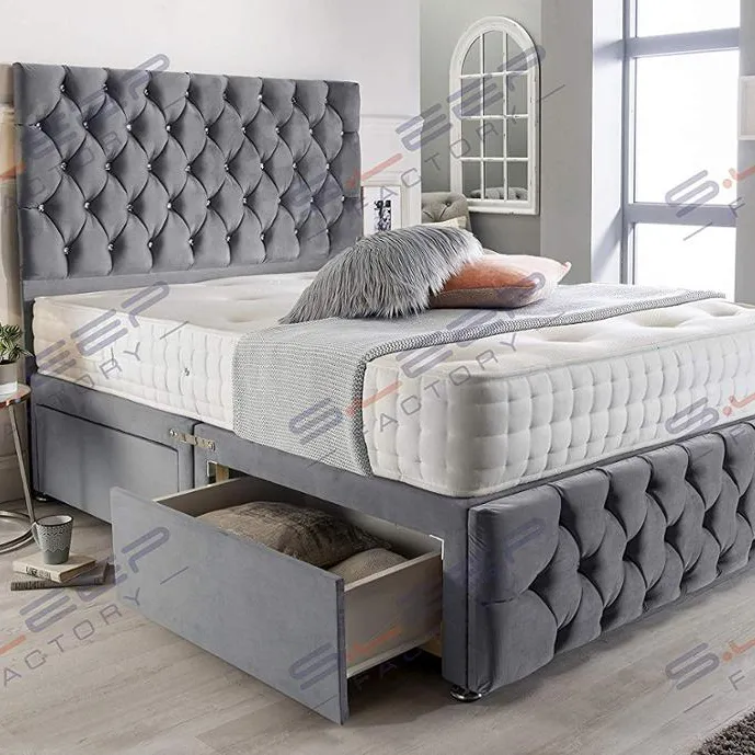 Grey Suede Chesterfield 2 Drawer Divan Bed Set, Mattress & Headboard (4.6FT (Double))