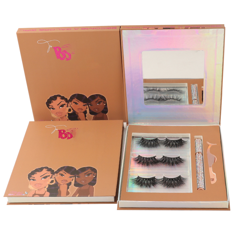 eyelash vendor customized crown 3 pairs lash book boxes with applicator and eyeliner glue