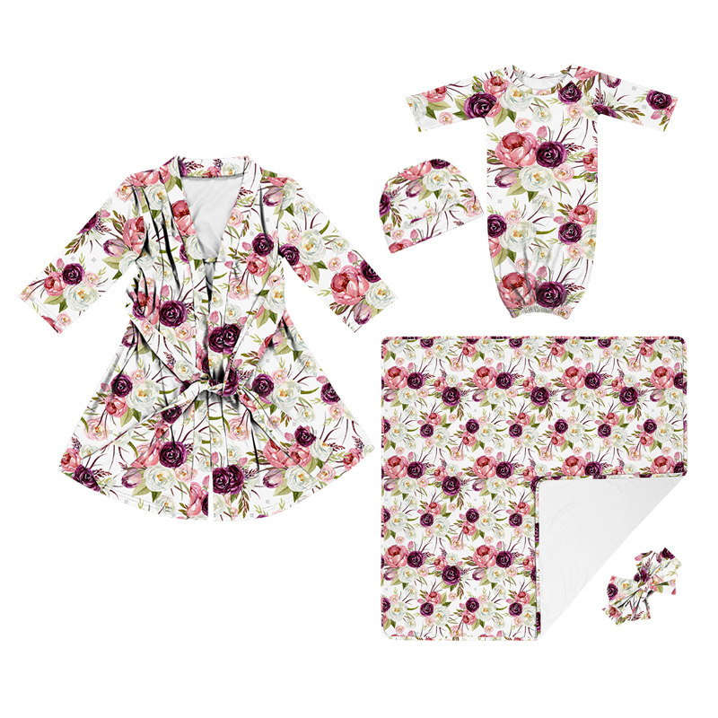 Hot sale Vintage flowers maternity robe and matching baby swaddle blanket set mummy maternity robes matching baby