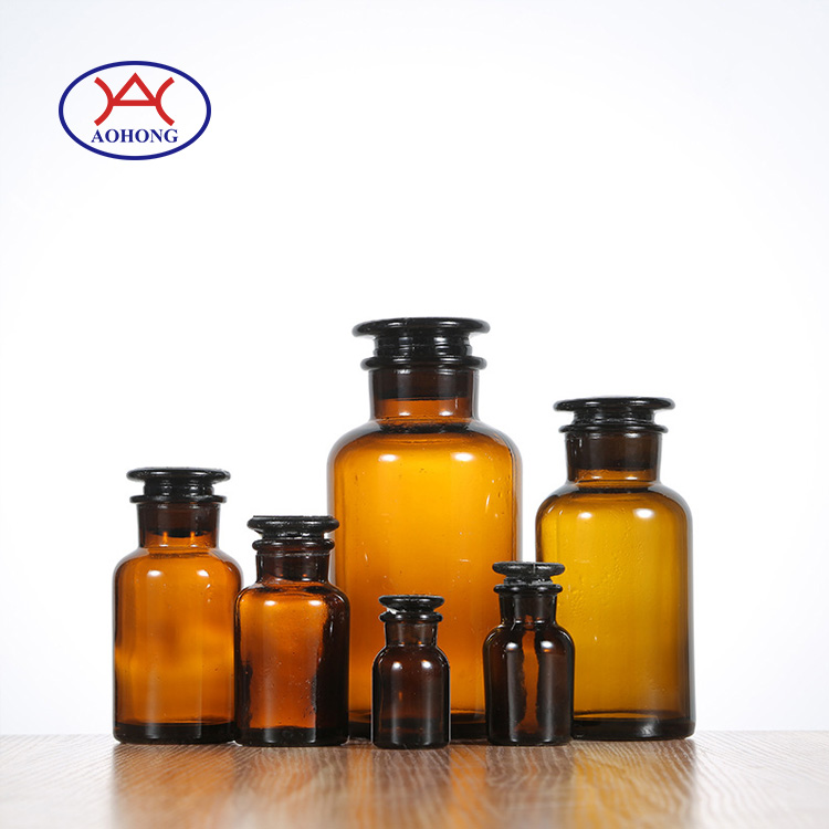 High Quality Custom Wide Mouth Lab Chemical Brown Amber Glass Reagent Bottle With Glass Stopper