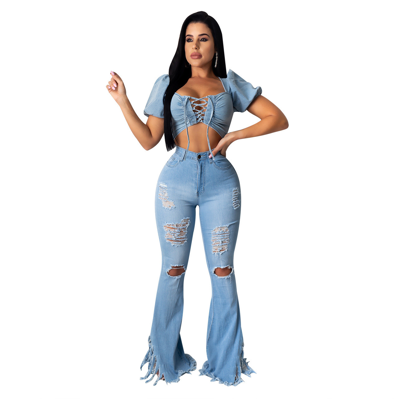 2021 ladies women bell bottom fashion flare denim jeans pants with fringe  plus size jeans for woman