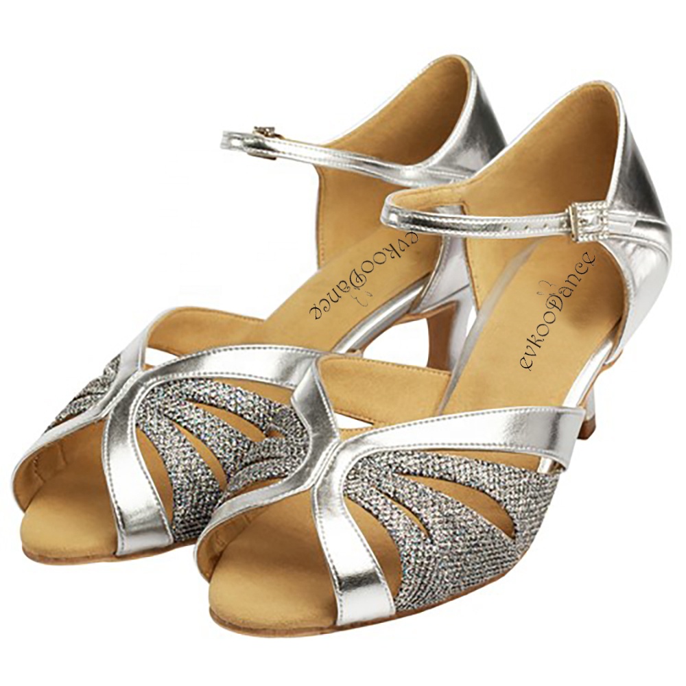 Zapatos De Baile Silver PU With Glitter Latin Salsa Heel 6cm Ballroom Dance Shoes for New Arrival Latin Dance Women
