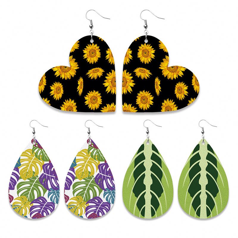 New Earrings Creative Round Love Water Drop Plant Palm Leaf Sunflower Pattern Personalized Gift Leather Pu Hoop Earrings