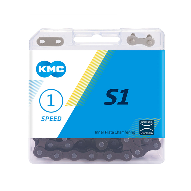 Цепочка велосипедная KMC S1, односкоростная цепь для горного велосипеда Shimano Sram, 112l, серебристо-золотистая, в оригинальной коробке