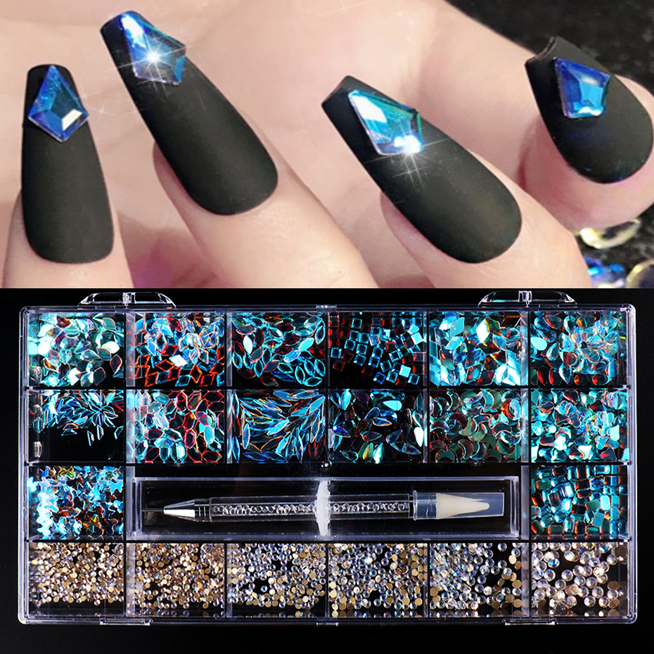 Shiny Crystal AB White Rainbow Nail Art Mix Shape Fancy In Box Flat Bottom Glass Nail Rhinestone Art Decoration Rhinestones