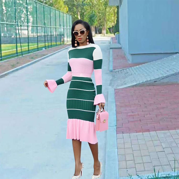 QC-B9119 2021 in stock women color contrast work office dresses women formal elegant