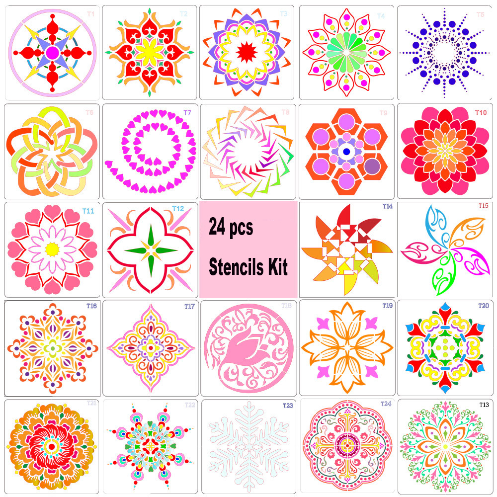 13*13 CM 24 pcs Plastic Mandala Stencils Kit Customized Stencils for Painting on Wood DIY Decor Template for Wall Tile Painting