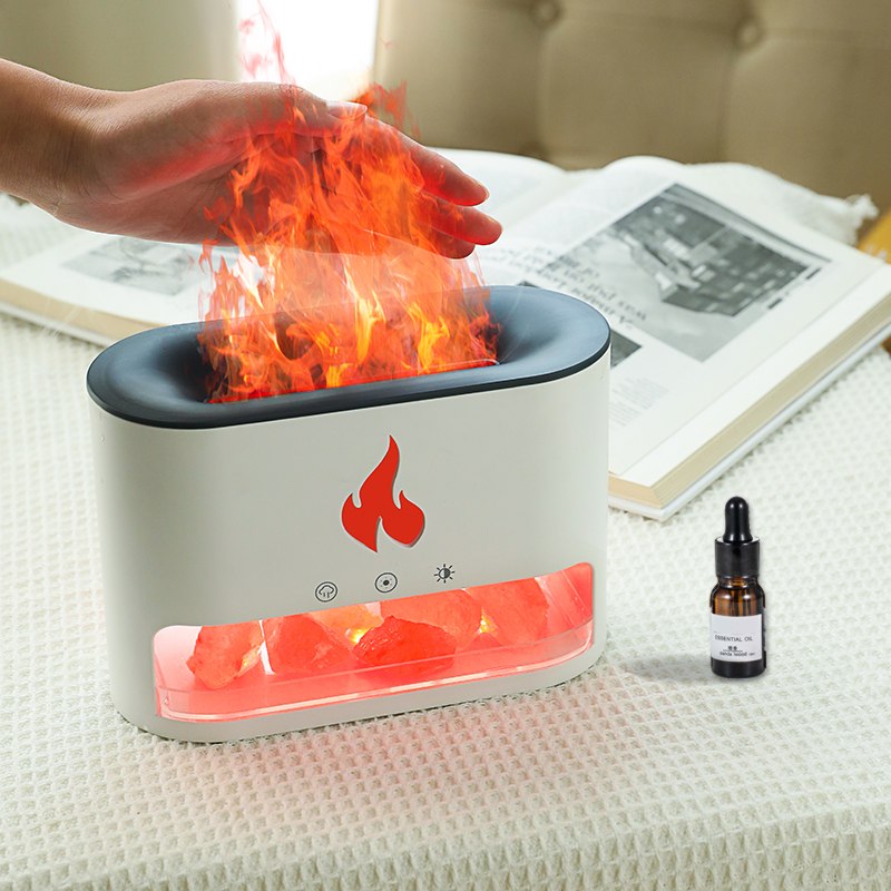Evaporative Creative Design 3D Salt Rock Flame Aromatherapy Diffuser Food Grade PP Ultrasonic Atomizer Lowwith Color Night Light