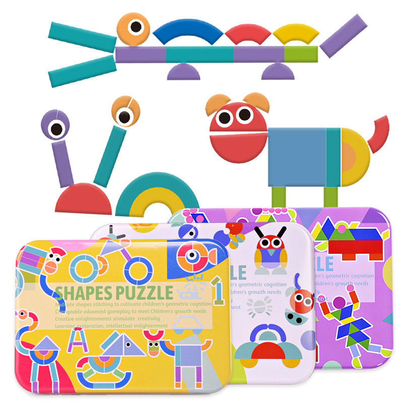 Hot Selling Custom Wooden Pattern Blocks Toddlers Wooden Animals Jigsaw Tangram Puzzles