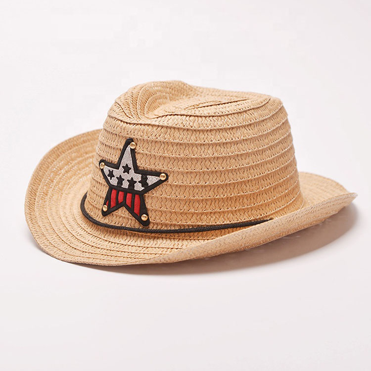 Custom logo summer kids wide brim paper straw cowboy hats with string