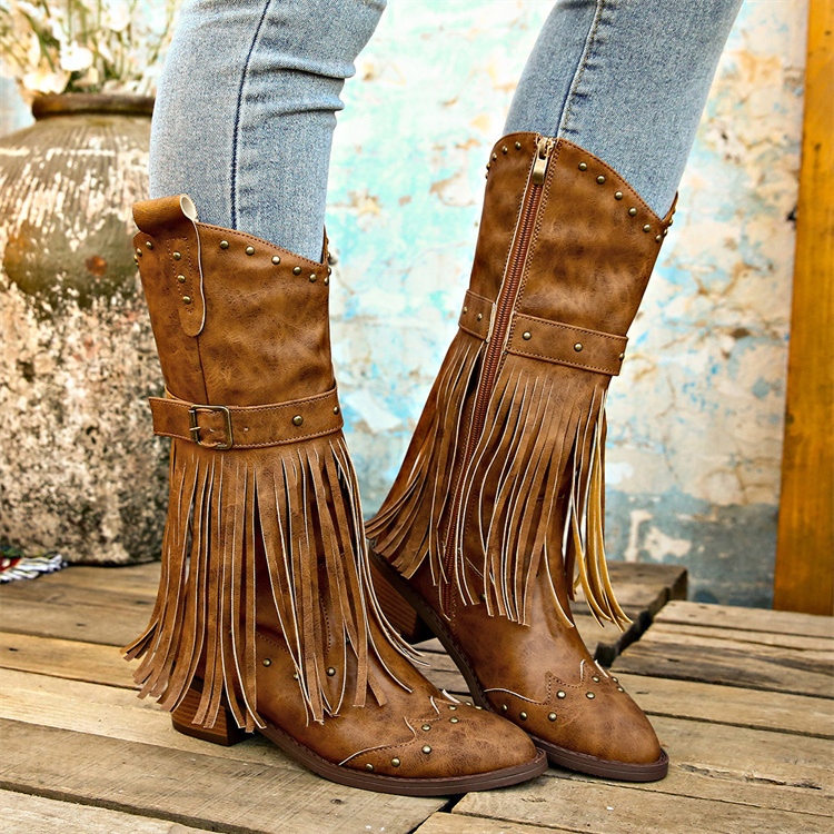 Women's Fashion Western Cowgirl Cowboy Boots Wide Pointed Toe Mid Calf Womens PU Leather Tassel Boots