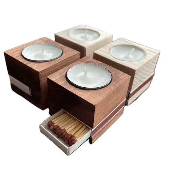 Vintage Candle Holder Wedding Gift Wooden Tea Light Candle Holders With Matchbox Place Wood Tealight Holder