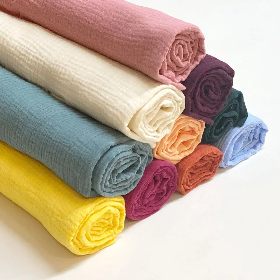 Custom Wholesale 2 Layer Organic Baby Blanket Crinkle Bubble Plain Dyed Muslin 100 Cotton Double Gauze Fabric For Pajama
