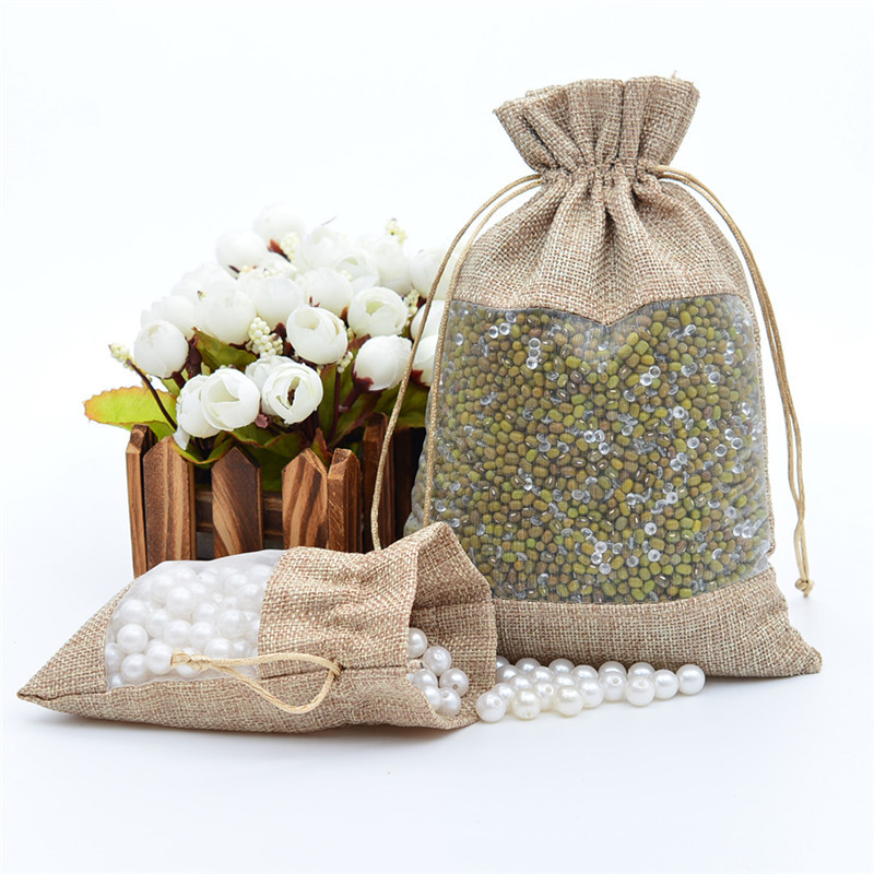 Middle opening style jute package drawstring pouch with organza window packing for jewelry gift