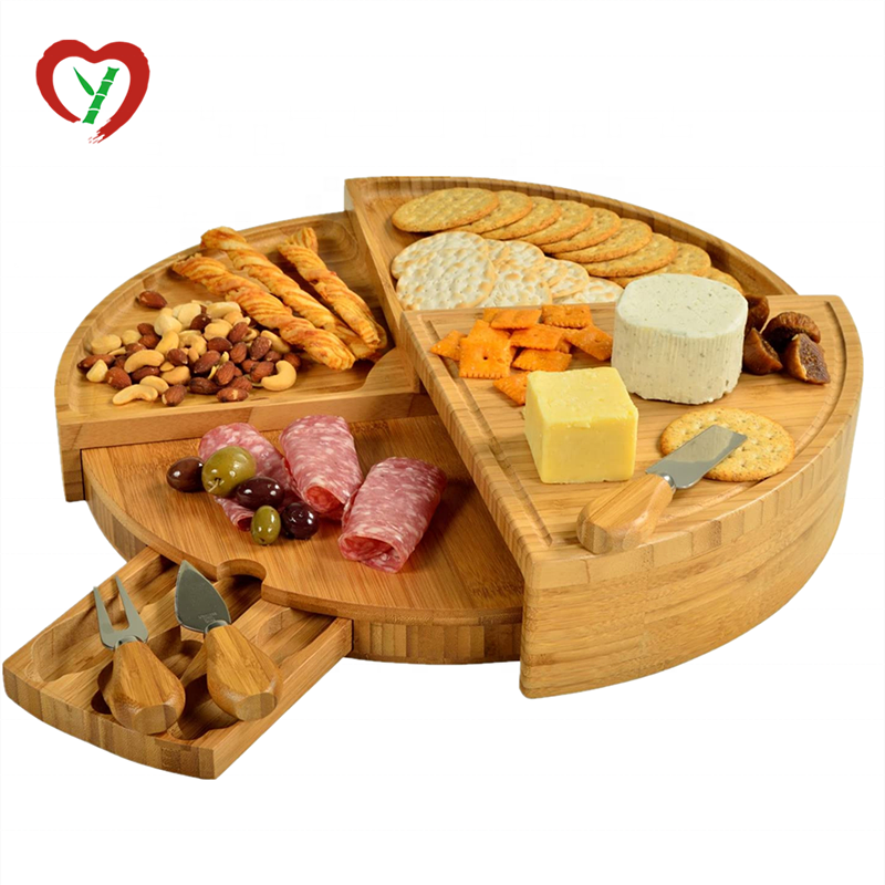 Bamboo Cheese Board Meat Charcuterie Platter Serving Tray With Two Hidden Slide out Drawers 4 Cutlery Set