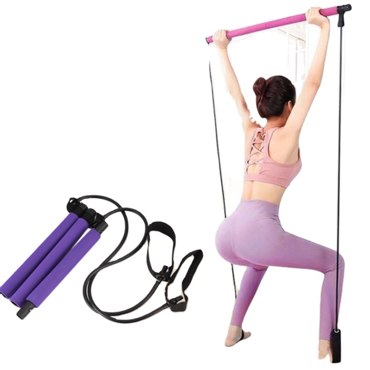 Fitness Gym Equipment 3 Section Yoga Exercise Pilates Bar Stick With Foot Loop