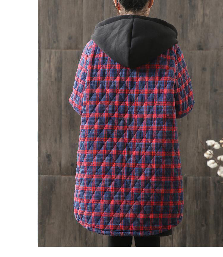 Autumn Women Hooded Plaid Parka Vintage Button Loose Winter Pockets Female Casual Warm Parkas Coats 2021 New