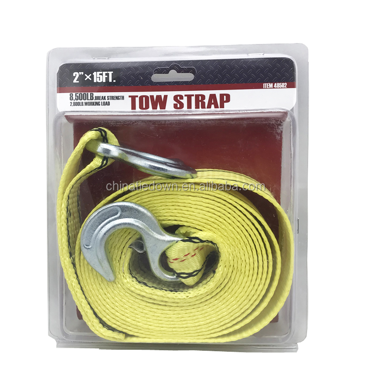 Recovery Trailer Ropes 2" x 15' 10,000 LBS Capacity Polyester Nylon Emergency Tow Strap with Safety Hooks