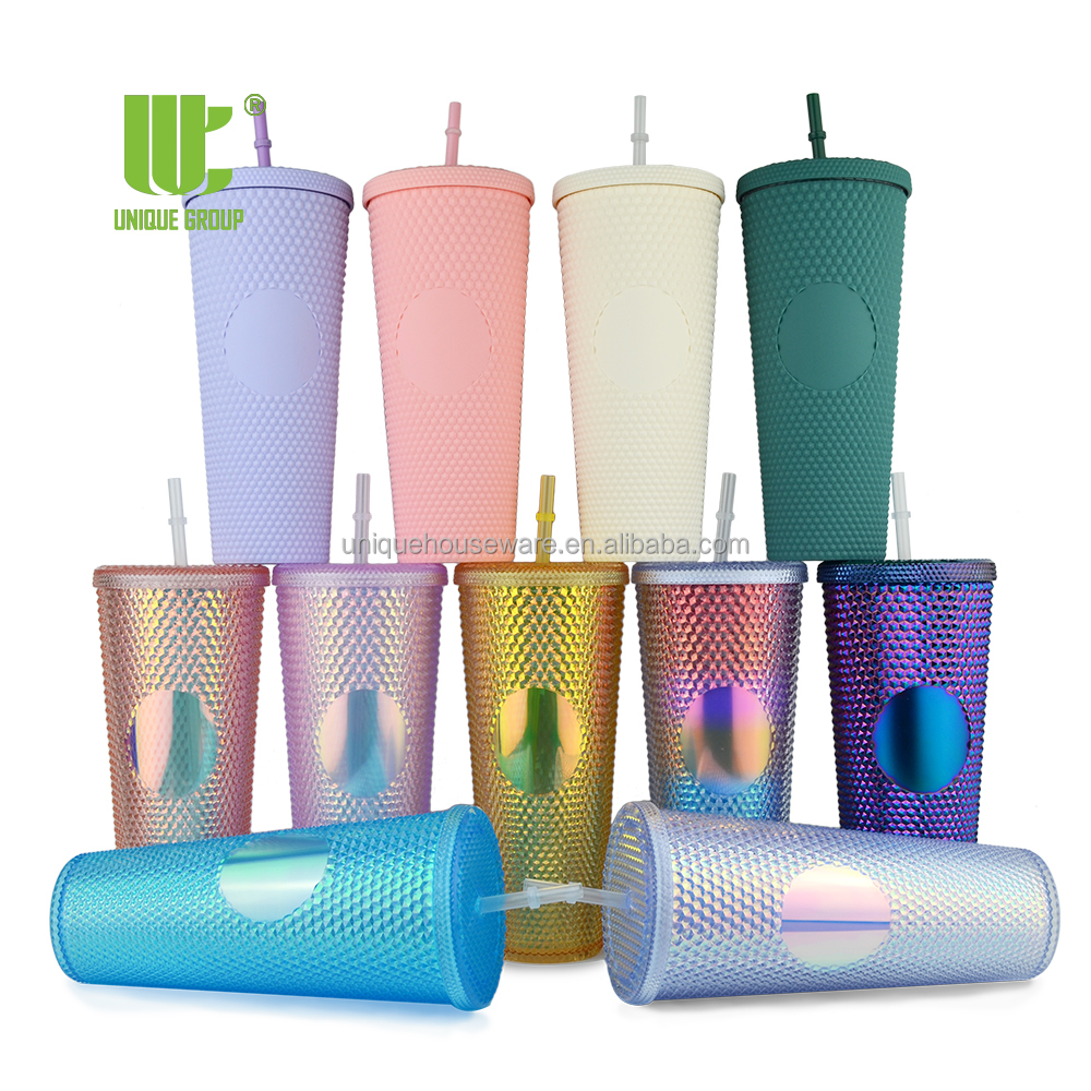 New 710ml BPA Free American Iridescent Double Layer Durian Studded Tumbler Grid Diamond Stud Cup with Straw