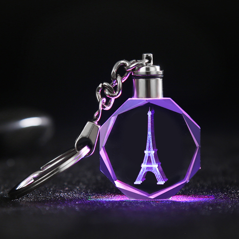 Wholesale LED Key chain Promotion Gifts Round Glass Balls Engraving Earth 3D Color Crystal Key chains Luminous