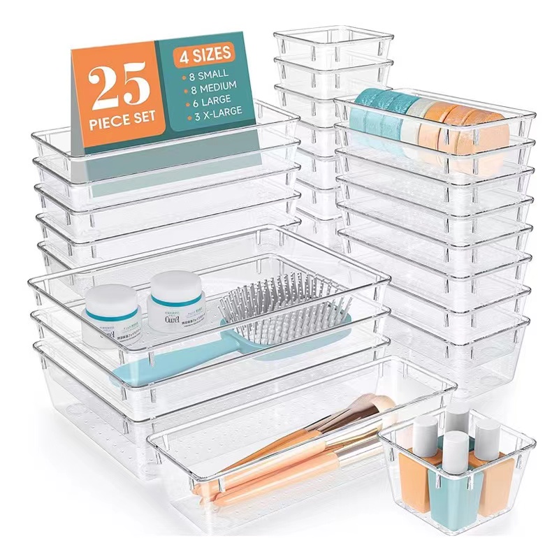 home office 4 7 13 16 25 28 37 pack Clear Plastic Set 4 Sizes Desk Drawer Divider Organizers and Storage Bins Gadget box set