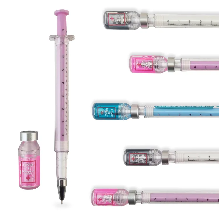 Custom New model kawaii Medical Injection Simulation Vaccine Syringe Shape Gel Ball Pens for Creative Gift with Advertising Logo