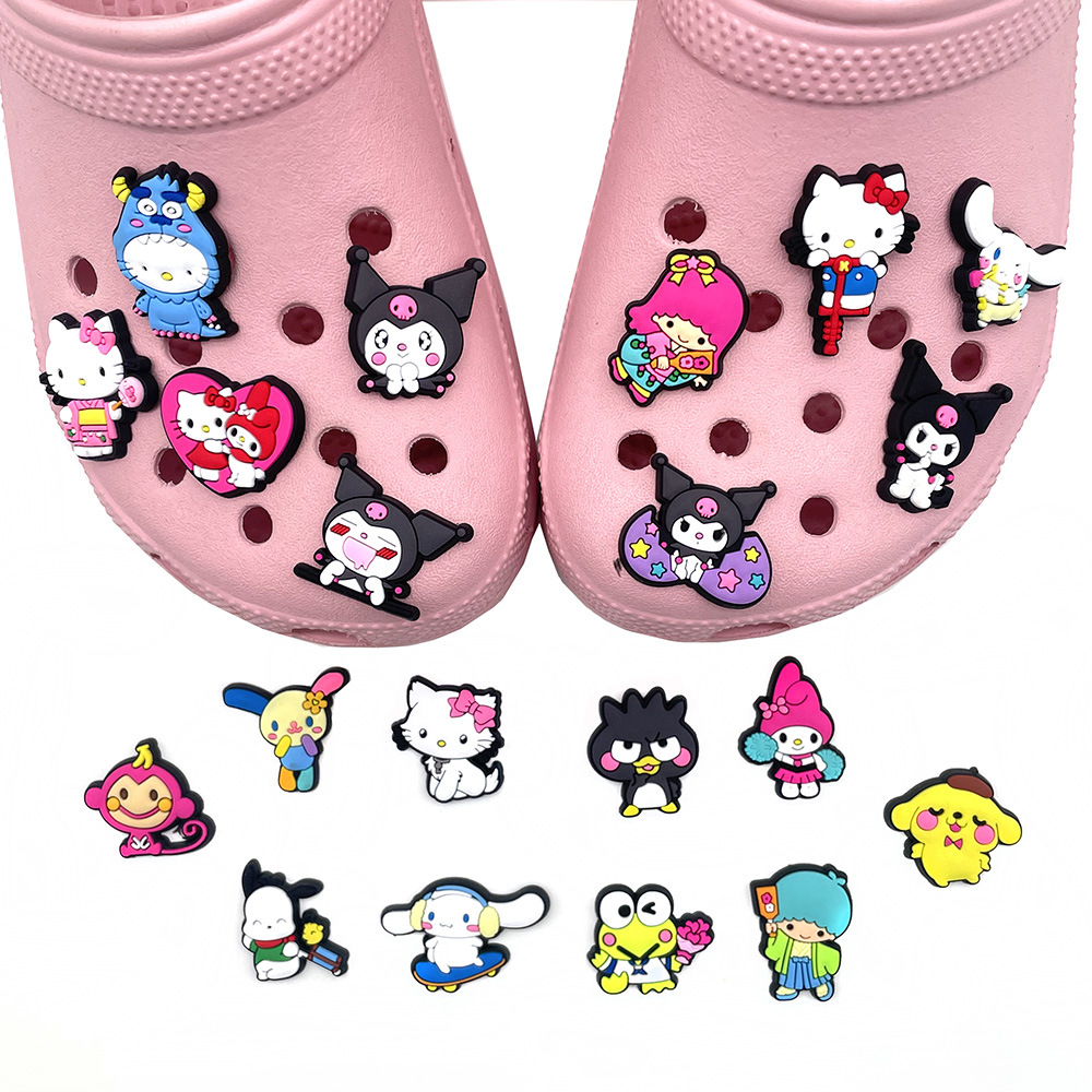 В наличии, ПВХ обувные очаровательные застежки Hello Kitty Melody Kuromi Cinnamorol, Мультяшные аксессуары для обуви, украшения для детей, сандалии