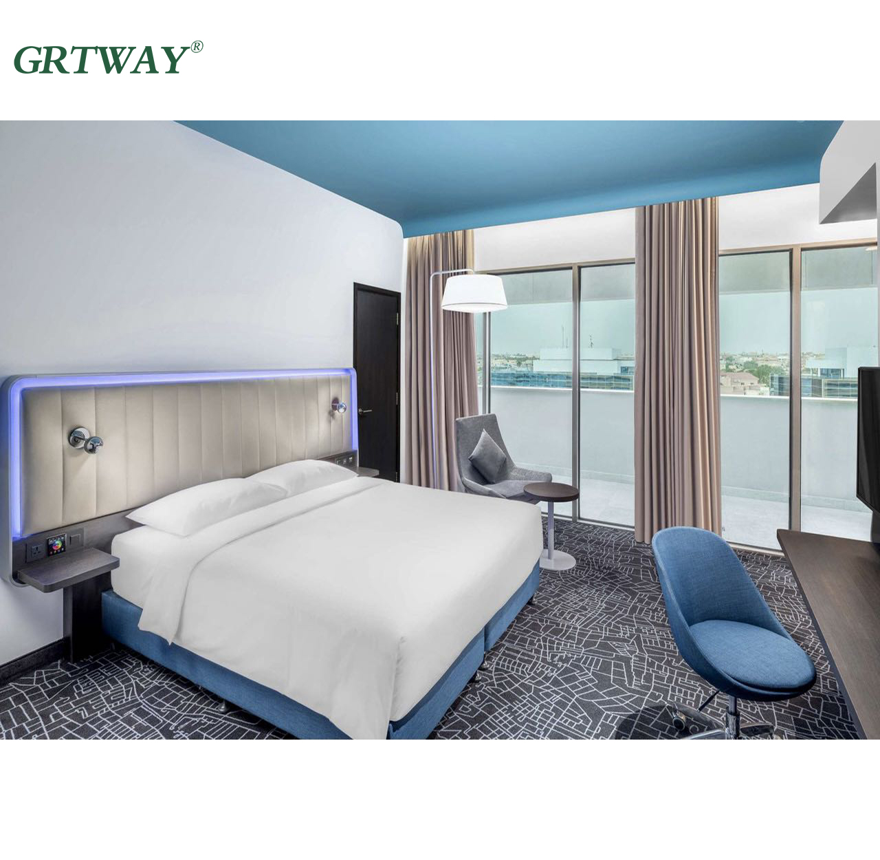 GRT7032 Hotel Furniture King Size Bedroom Sets Modern Upholstered Beds Middle East Style Hotel Furniture