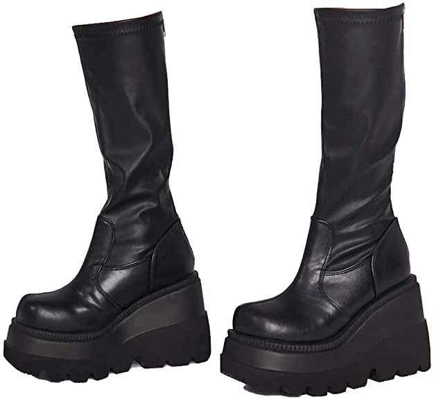 Womens High Platform Mid Calf Wedges Chunky High Heel Round-Toe Side Zip Punk Combat Boots For Women