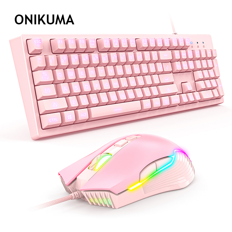 Игровая клавиатура и мышь UNIKUMA, механическая Проводная игровая клавиатура и мышь для офиса и дома, набор мышей розового цвета