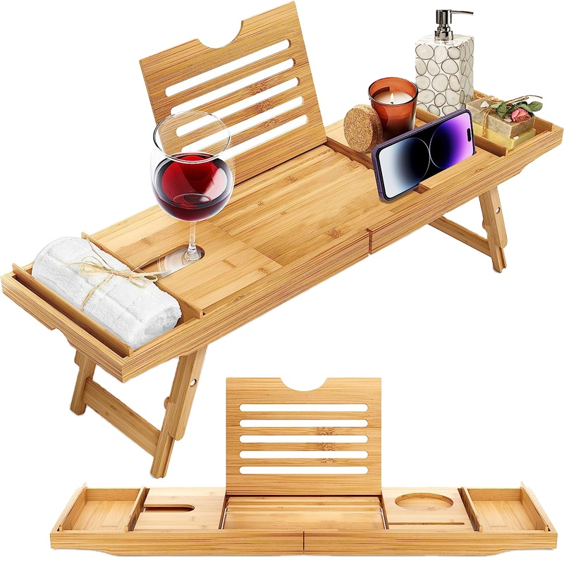 Wine Glass Soap Holder Caddy Breakfast Tray Bamboo Waterproof Tub and Bed with Folding Slide-Out Arms Wooden Bathtub Table