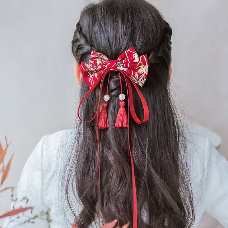 Children's Han Chinese Costume Headwear Girls Cute Hairpin Long Streamer Tassel Hairpin Baby Western Style Red Hair Accessories