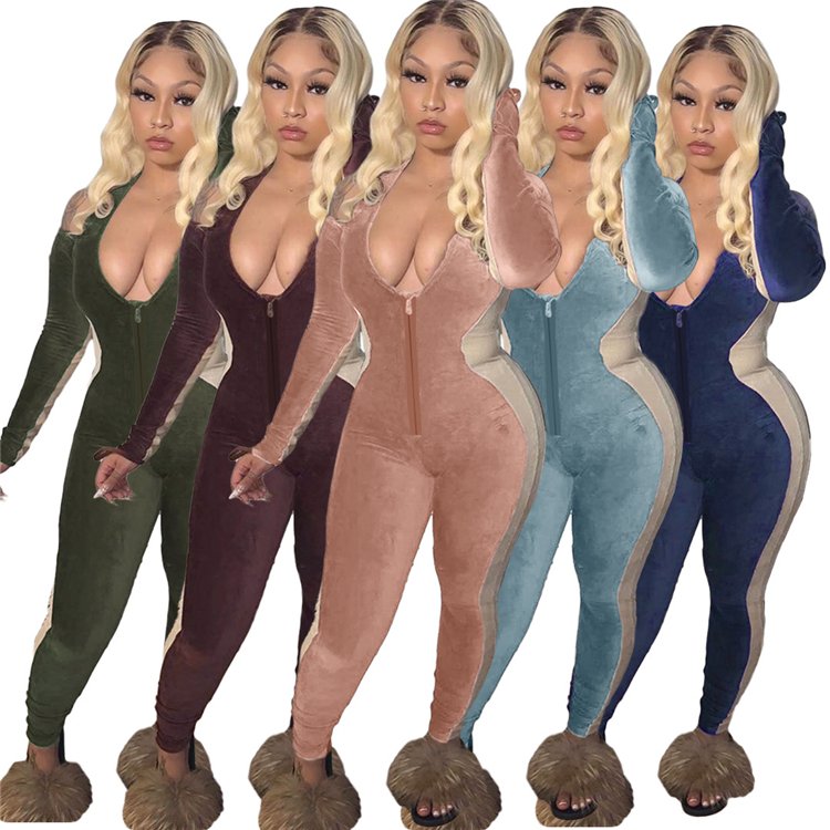 D95706 женская одежда трендовые шеи сращивания сексуальный bodycon спинки один кусок Комбинезоны с молнией Новое поступление 2021