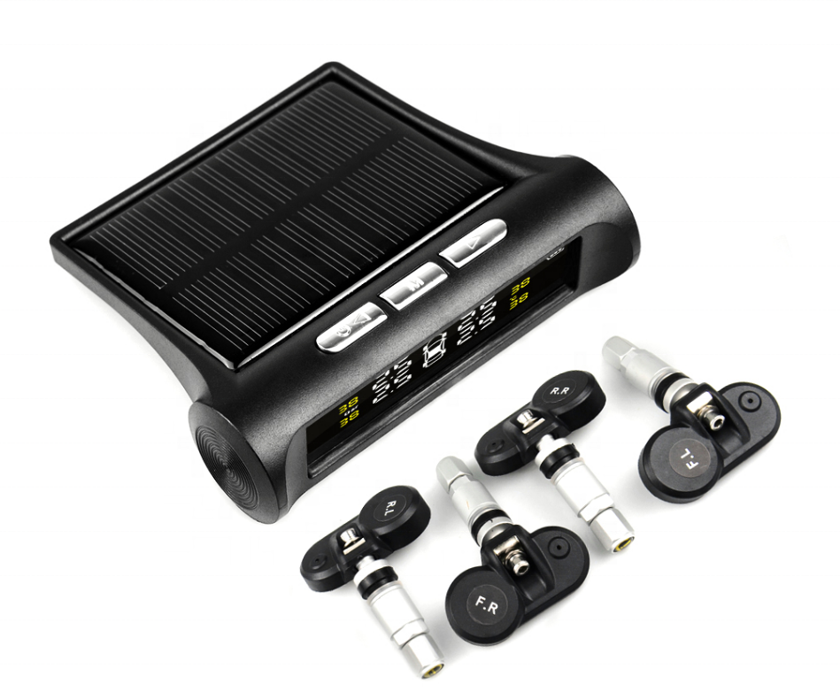 Solar powered wireless tire pressure monitoring system with 4 valve sensors TPMS