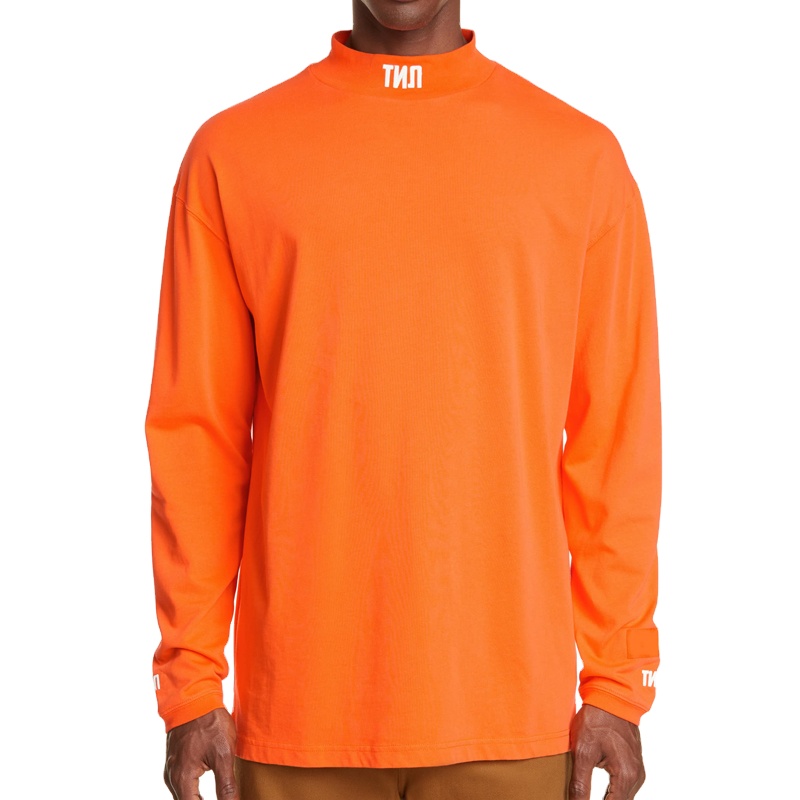 Fashion Wear Heavy Cotton Orange Color Customized Logos Men Mock Neck Long Sleeve T-Shirt