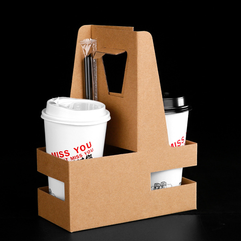 Disposable Cup Holder for Hot or Cold Drinks 2 4 Cups Drink Carrier with Handle Kraft Paperboard Coffee bubble tea Cup Holder
