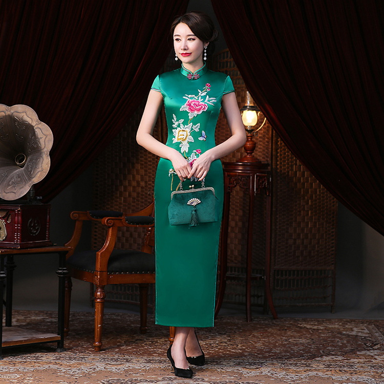Qipao Женская одежда готовое короткое шелковое зеленое традиционное китайское платье Ципао с коротким рукавом