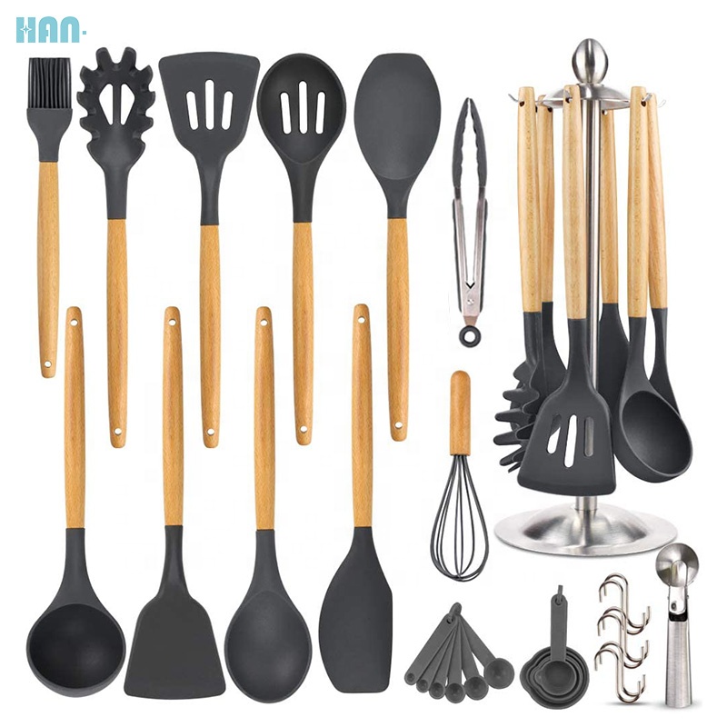 New Trend Product Silicone Cooking 16 Pcs Wooden Handle Silicone Utensil Set Utensils Kitchen Set