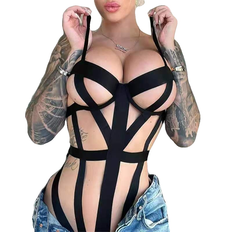 Hot Sale Black Sexy Hollow Out Lingerie Cross Lace Up Teddy Babydoll Lingerie Underwear Harness Sexy Lingerie Bandage Bodysuit