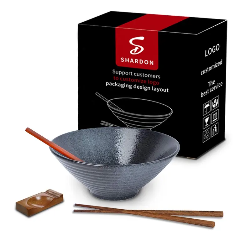 9 Inch Chaozhou Concrete Tiki Eco-friendly Washbasin Serving Ramen Japanese Cuisine Noodle Ceramic Bowl with chopsticks