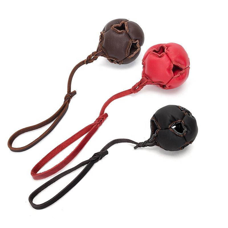 Leather Dog Training Soccer Ball with Rope Biting Training Toys Outdoor Pet Play Ball Catch Ball