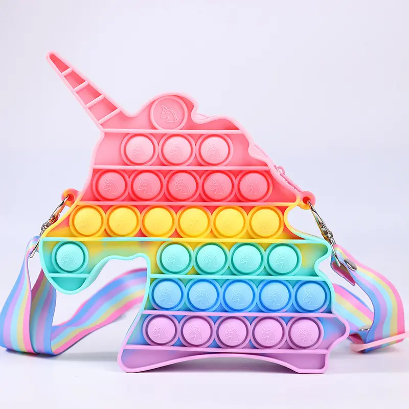 Stock sensory silicone push bubble popper sling bag kids rainbow fidget unicorn pop itting purse