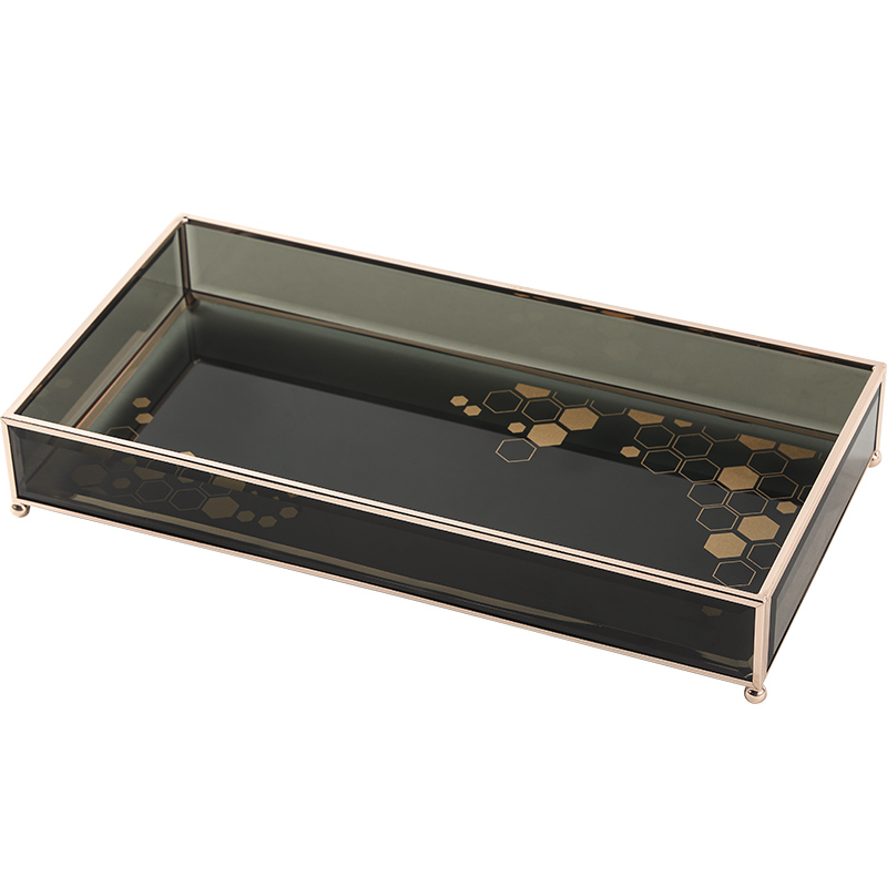 Wholesale Black Glass Rectangle Honeycomb Pattern Organizer Tray Home Decoration Perfume Fragrance Makeup Storage Tray